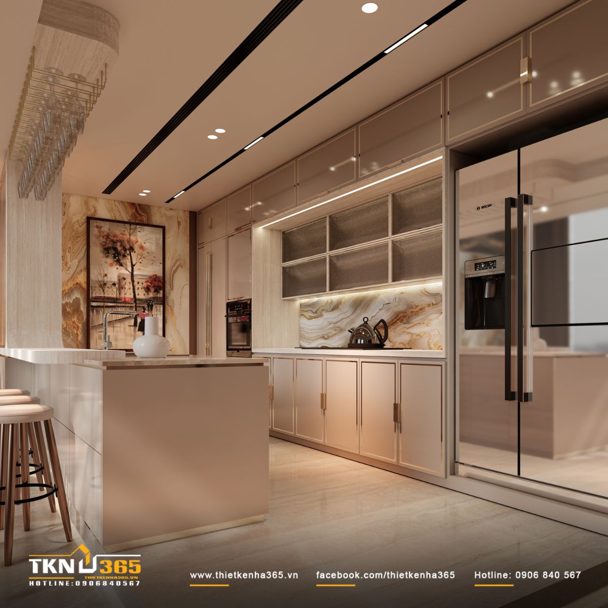 Biệt thự 3 tầng tân cổ điển D's Villa và hành trình tìm kiếm sự cân bằng 21 Hệ tủ bếp cánh phẳng viền kim loại giữ tinh thần tân cổ điển tiết chế