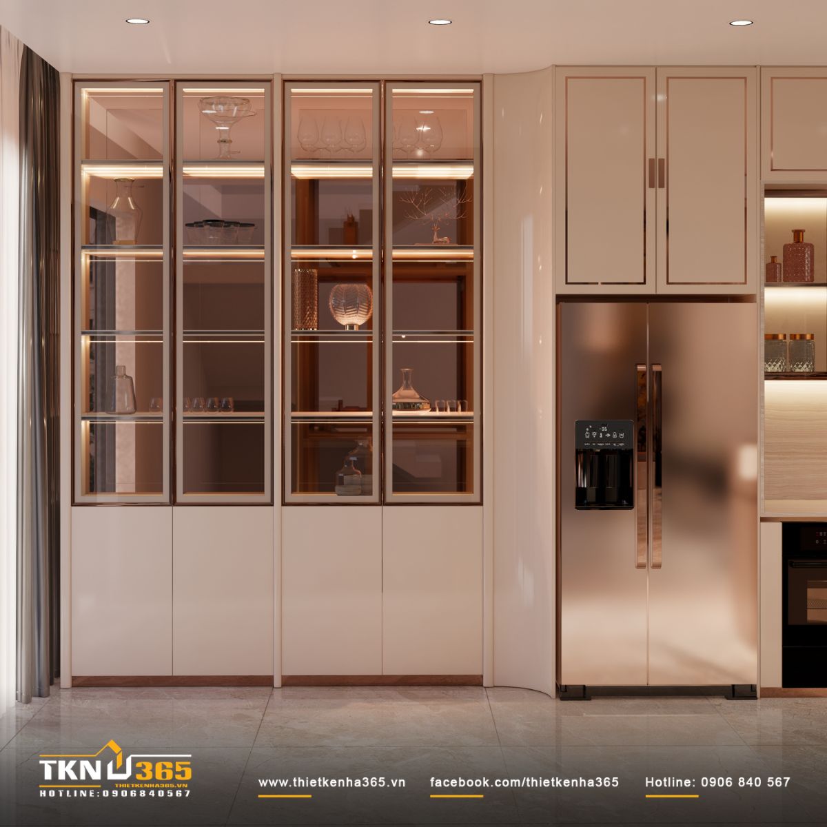 Tay nắm ánh kim nhạt tạo điểm nhấn tinh tế trên nền vật liệu trung tính