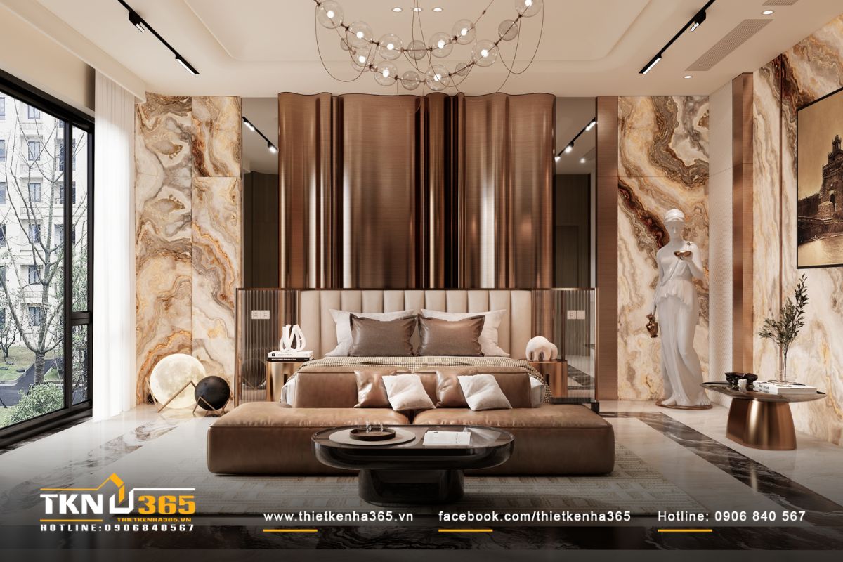 Đèn ngủ và đồ decor thiên về hình khối tròn, bề mặt ánh kim nhẹ nhàng
