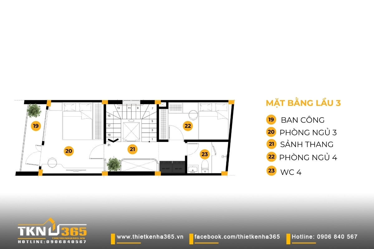 Nhà phố 5 tầng hiện đại ở quận 12 và cách giải quyết bài toán diện tích trên lô đất hẹp ngang 49 Bản vẽ mặt bằng lầu 3