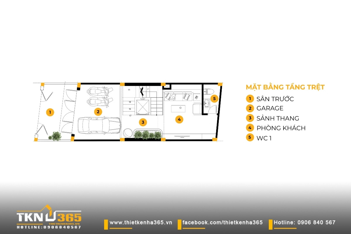 Nhà phố 5 tầng hiện đại ở quận 12 và cách giải quyết bài toán diện tích trên lô đất hẹp ngang 45 Bản vẽ mặt bằng tầng trệt