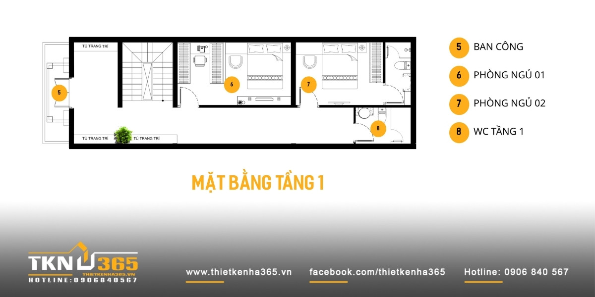 Tầng 1 có hai phòng ngủ, khu vực vệ sinh và ban công
