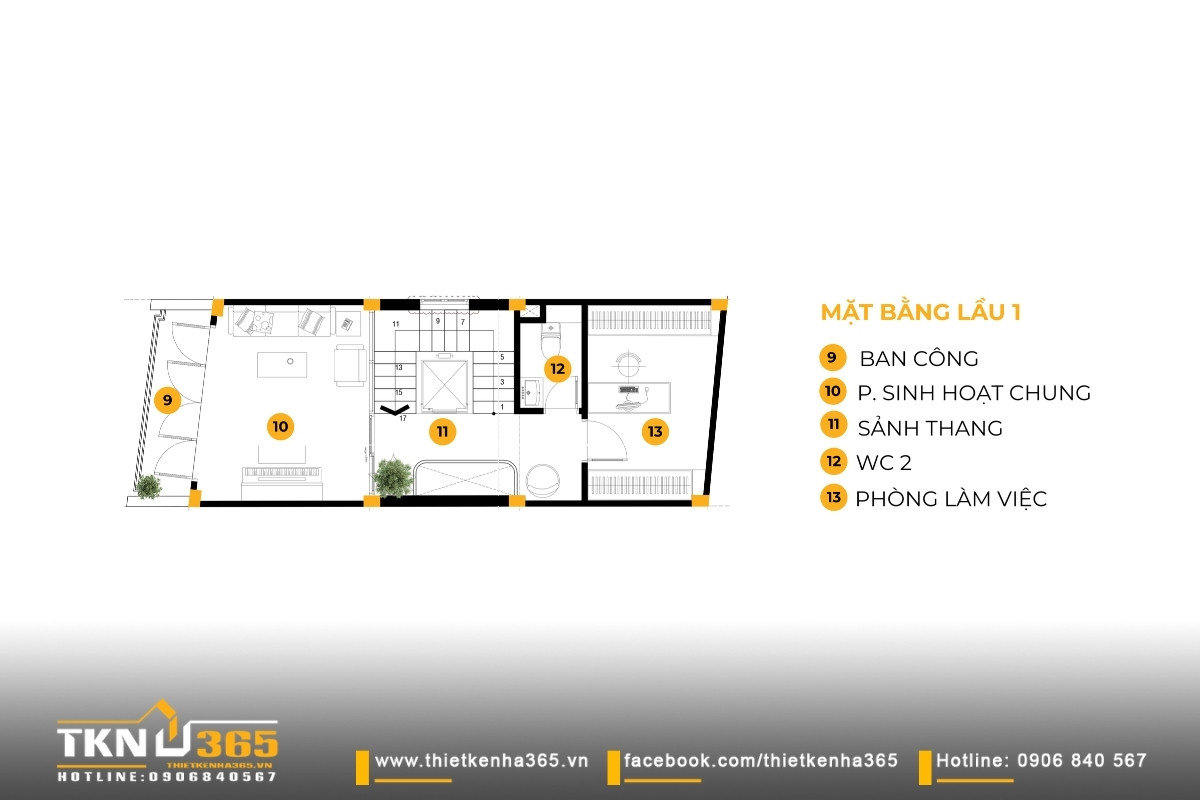 Nhà phố 5 tầng hiện đại ở quận 12 và cách giải quyết bài toán diện tích trên lô đất hẹp ngang 47 Bản vẽ mặt bằng lầu 1