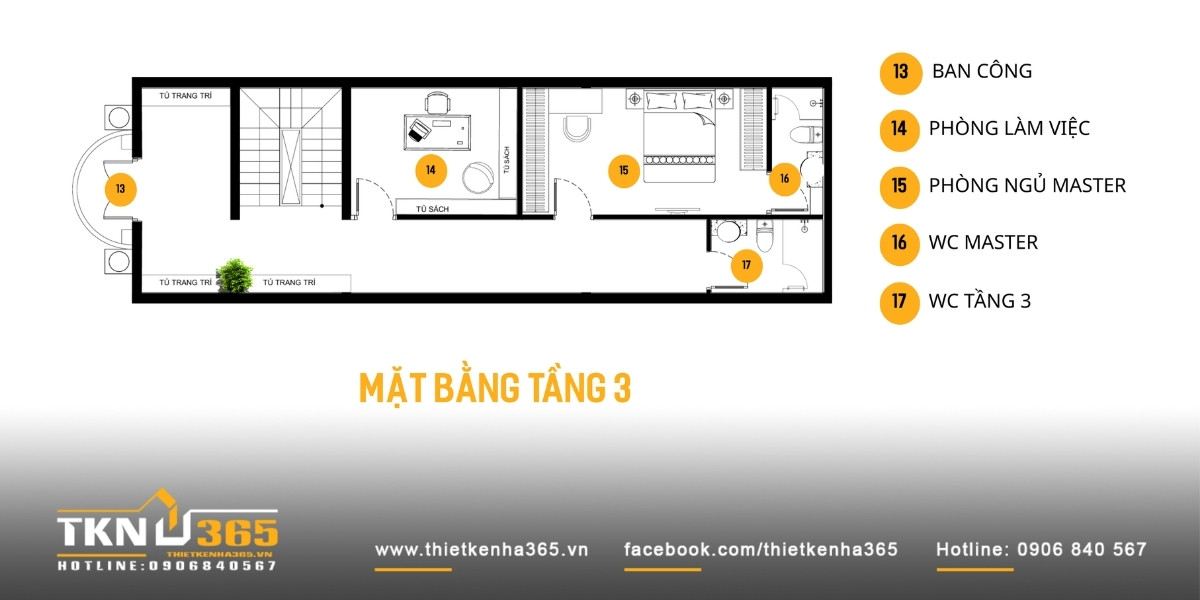 Phòng ngủ master và phòng làm việc ở tầng 3 