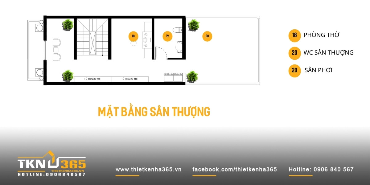 Sân thượng nhà phố 5 tầng được gia chủ bố trí phòng thờ, WC sân thượng và sân phơi rộng rãi
