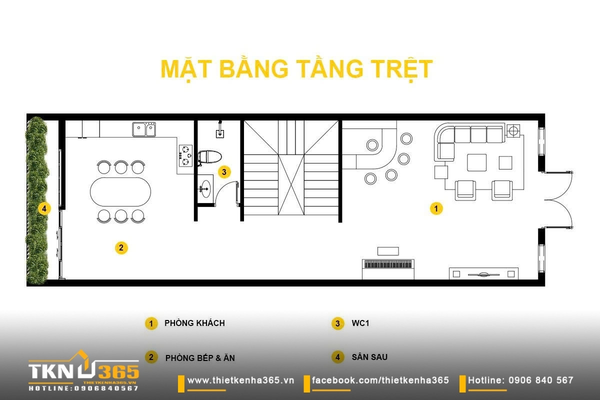 Mặt bằng tầng trệt thể hiện cách bố trí không gian khoa học, đảm bảo lối di chuyển rộng thoáng
