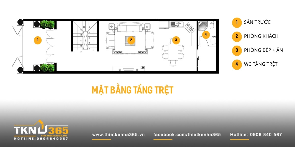 Tầng trệt nhà phố 5 tầng đẩy không gian sinh hoạt chung với phòng khách - bếp - ăn về phía sau
