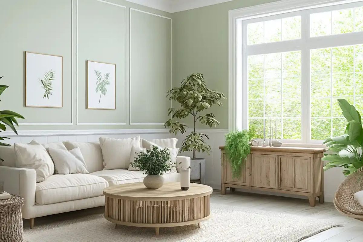 Top 7 Màu Sơn Phòng Khách Đẹp 2026: Gợi Ý Phối Màu Theo Phong Cách & Phong Thủy 19 Màu xanh pastel kết hợp với nhiều loại cây xanh trong phòng khách, tăng khả năng kết nối giữa con người, kiến trúc và thiên nhiên (Ảnh: Sưu tầm)