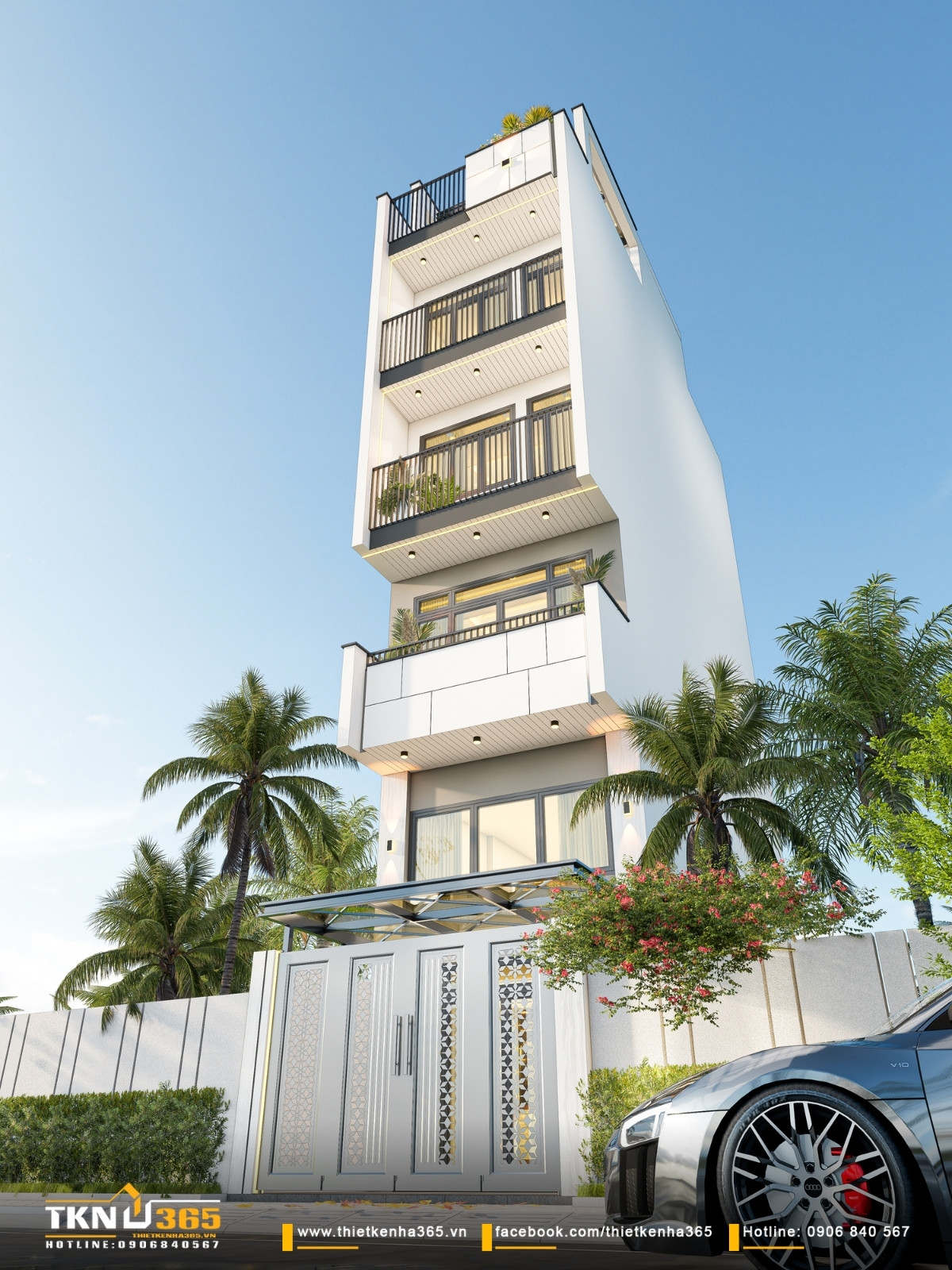 Nhà phố 5 tầng hiện đại ở quận 12 và cách giải quyết bài toán diện tích trên lô đất hẹp ngang 9 Hệ cửa kính lớn khung nhôm tối màu giúp tăng độ tương phản,