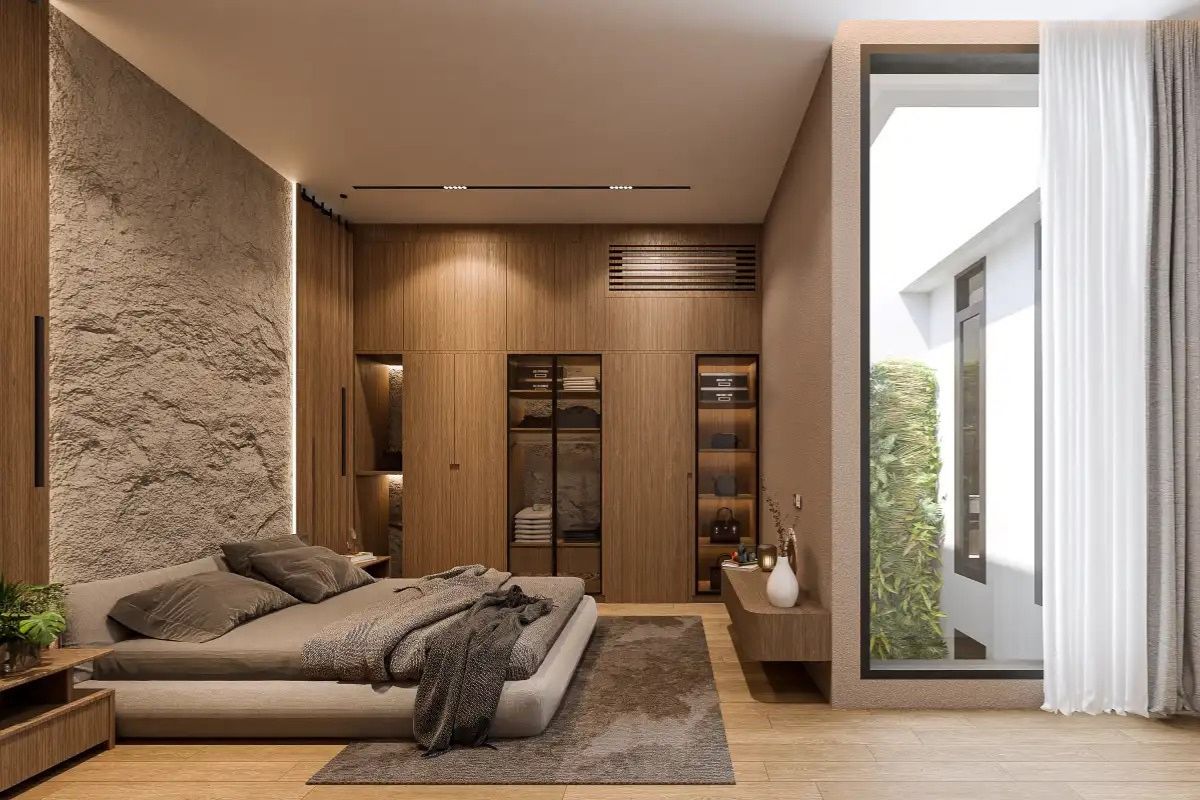 Thiết kế phòng ngủ biệt thự giữ sự kết nối gần gũi với thiên nhiên nhưng vẫn đảm bảo không gian nghỉ ngơi riêng tư (Ảnh: Sưu tầm)