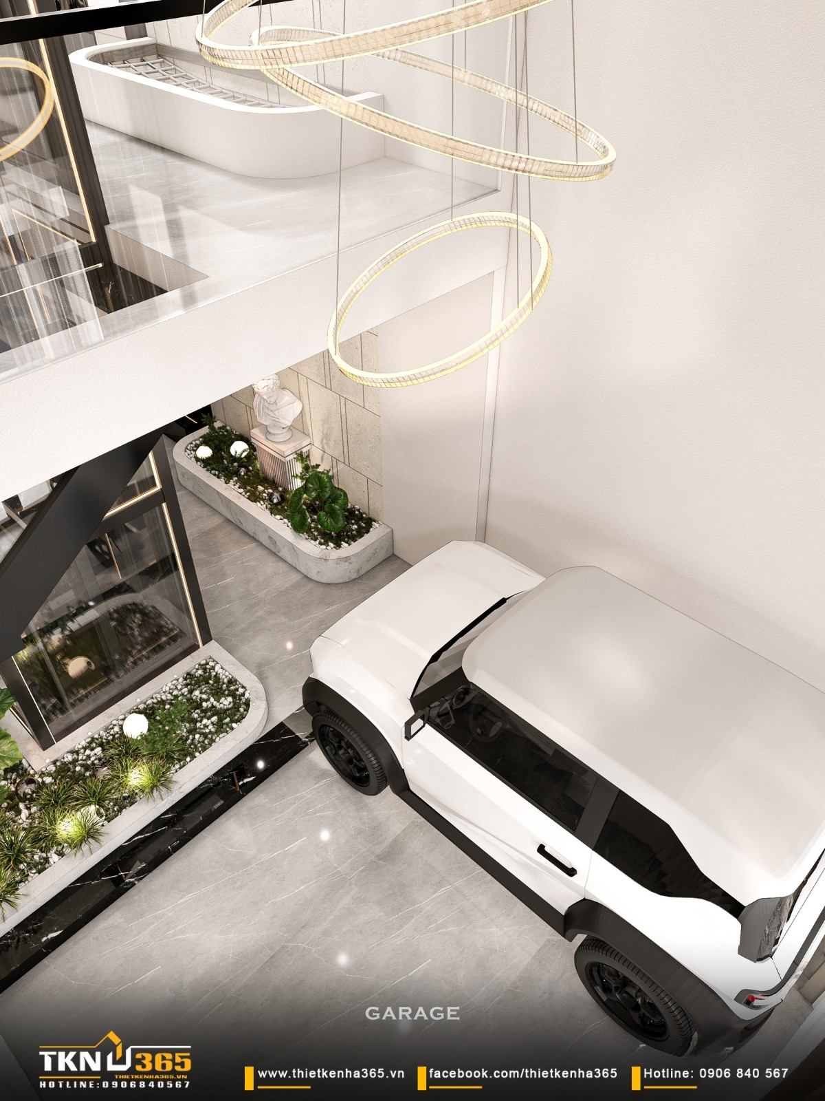 Nhà phố 5 tầng hiện đại ở quận 12 và cách giải quyết bài toán diện tích trên lô đất hẹp ngang 11 Sân trước và garage được thiết kế như một lớp đệm không gian