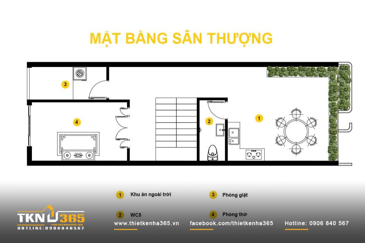 Mặt bằng sân thượng phân chia rõ ràng các khu vực chức năng theo đúng ý của gia chủ