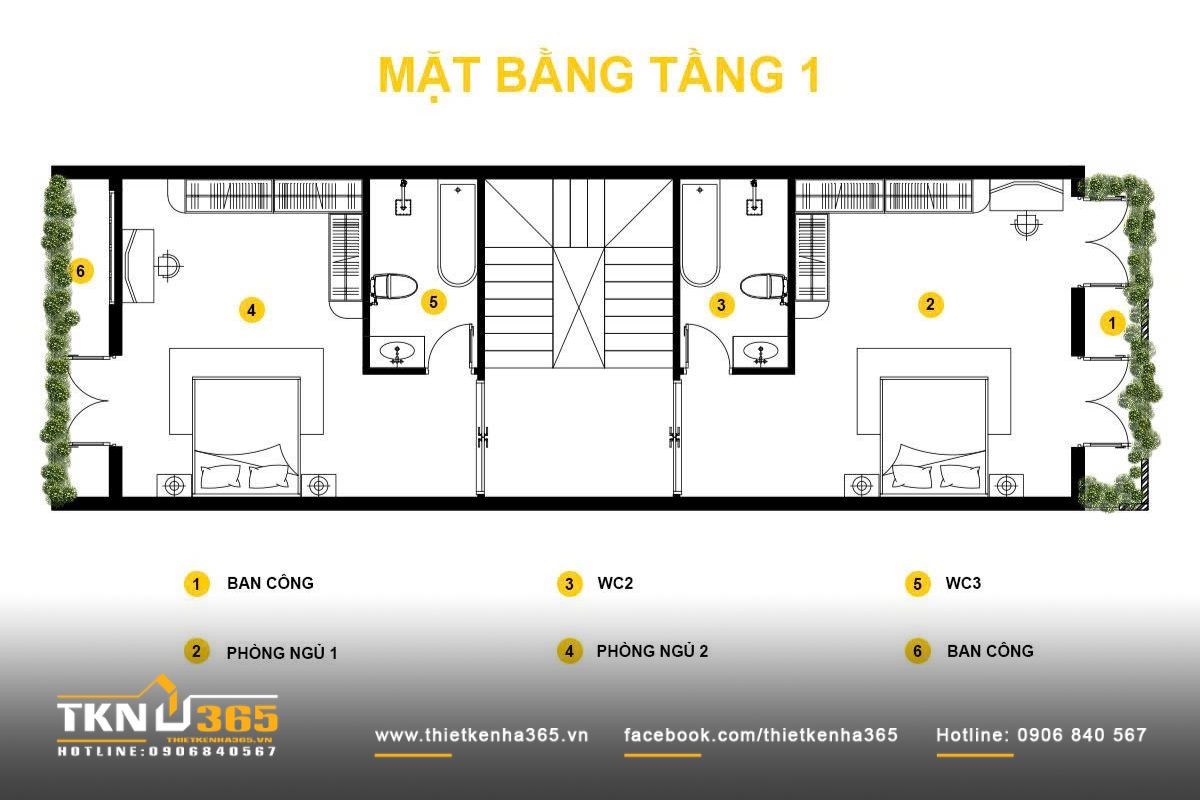 Tầng 2 có phòng ngủ lớn, phòng ngủ đôi cho trẻ em và khu vực thay đồ rộng rãi
