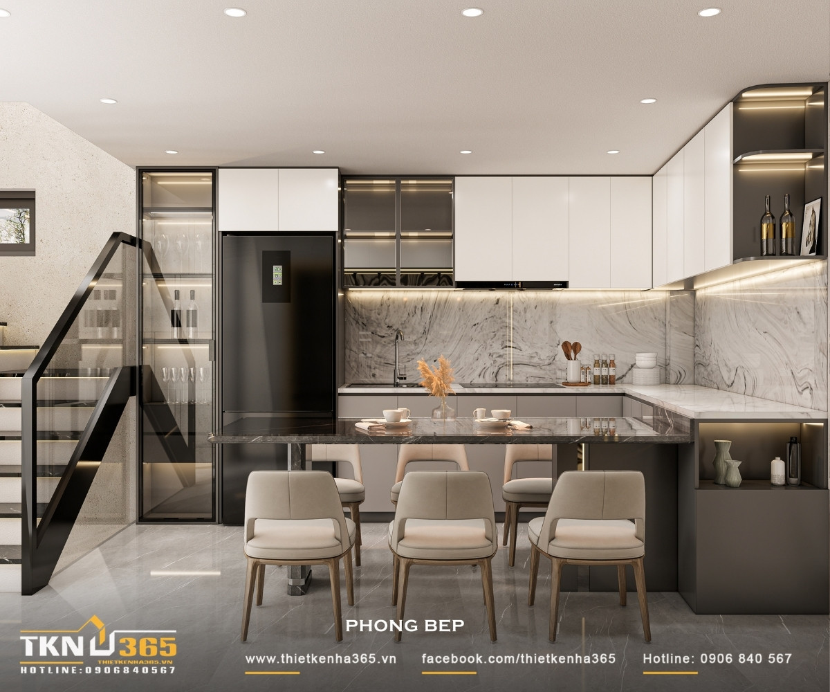 Nhà phố 5 tầng hiện đại ở quận 12 và cách giải quyết bài toán diện tích trên lô đất hẹp ngang 21 noi that phong bep 3