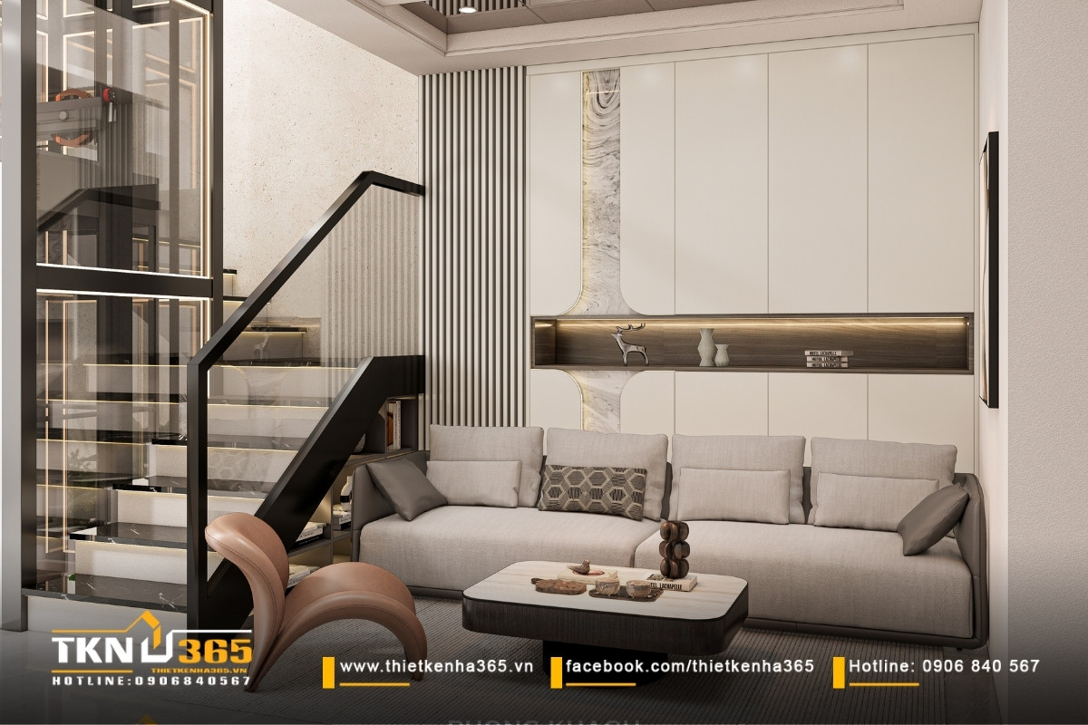 Nhà phố 5 tầng hiện đại ở quận 12 và cách giải quyết bài toán diện tích trên lô đất hẹp ngang 19 Phòng khách đặt lùi về phía sau, giúp không gian sinh hoạt giữ được sự yên tĩnh