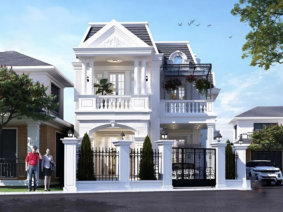 Mẫu biệt thự 2 tầng 120m2 phong cách tân cổ điển sử dụng vật liệu hoàn thiện phù hợp ngân sách khá nhưng vẫn toát lên vẻ đẹp sang trọng (Ảnh: Sưu tầm)
