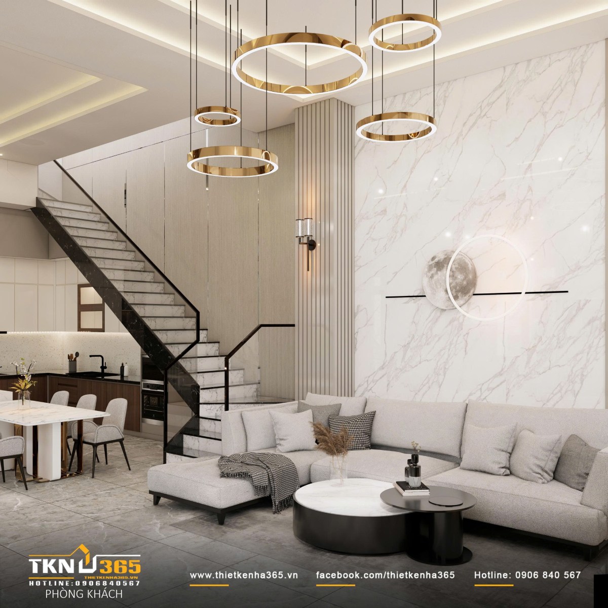 Thiết kế cầu thang trong biệt thự 3 tầng 100m2 bố trí gọn về một phía giúp tối ưu diện tích
