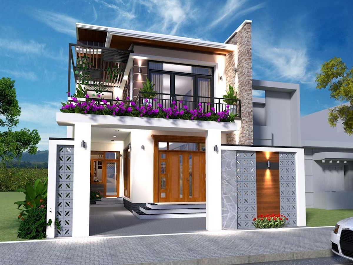 15+ Mẫu Biệt Thự Mini 2 Tầng 80m2 Đẹp Đẳng Cấp, Có Bản Vẽ & Dự Toán Chi Phí 2026 7 Mẫu biệt thự mini 2 tầng 80m2 bố cục chữ L tạo khoảng đệm thoáng sáng ở bên hông (Ảnh: Sưu tầm)