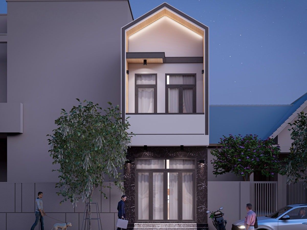 Mẫu nhà 1 trệt 1 lầu 4x16 mái Thái hoặc mái Nhật được ưa chuộng nhờ hệ mái dốc, chống nóng và thoát nước mưa hiệu quả (Ảnh: Sưu tầm)