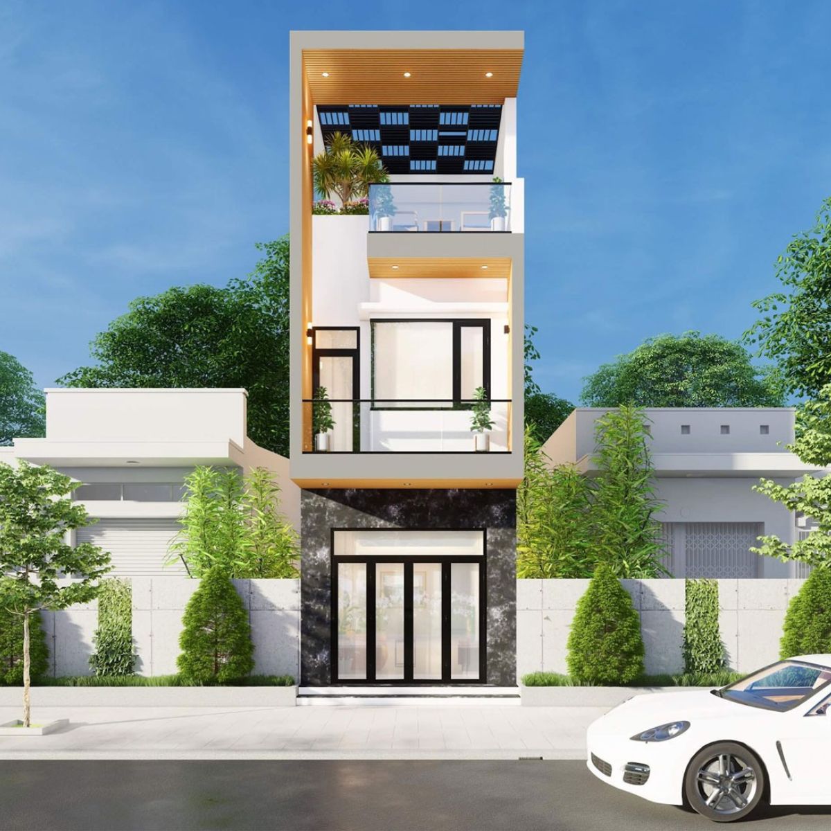 Mẫu nhà 1 trệt 1 lầu 4x16 có sân thượng rộng thoáng để trồng cây xanh và tạo không gian thư giãn (Ảnh: Sưu tầm)
