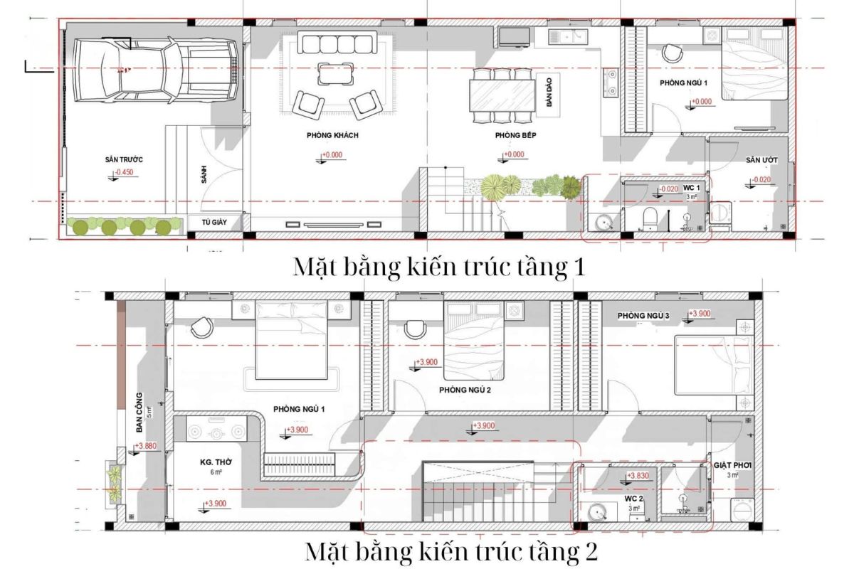 Bản vẽ nhà 1 trệt 1 lầu 5x16 bố trí 1 phòng ngủ ở tầng trệt, 3 phòng ngủ ở tầng trên (Ảnh: Sưu tầm)