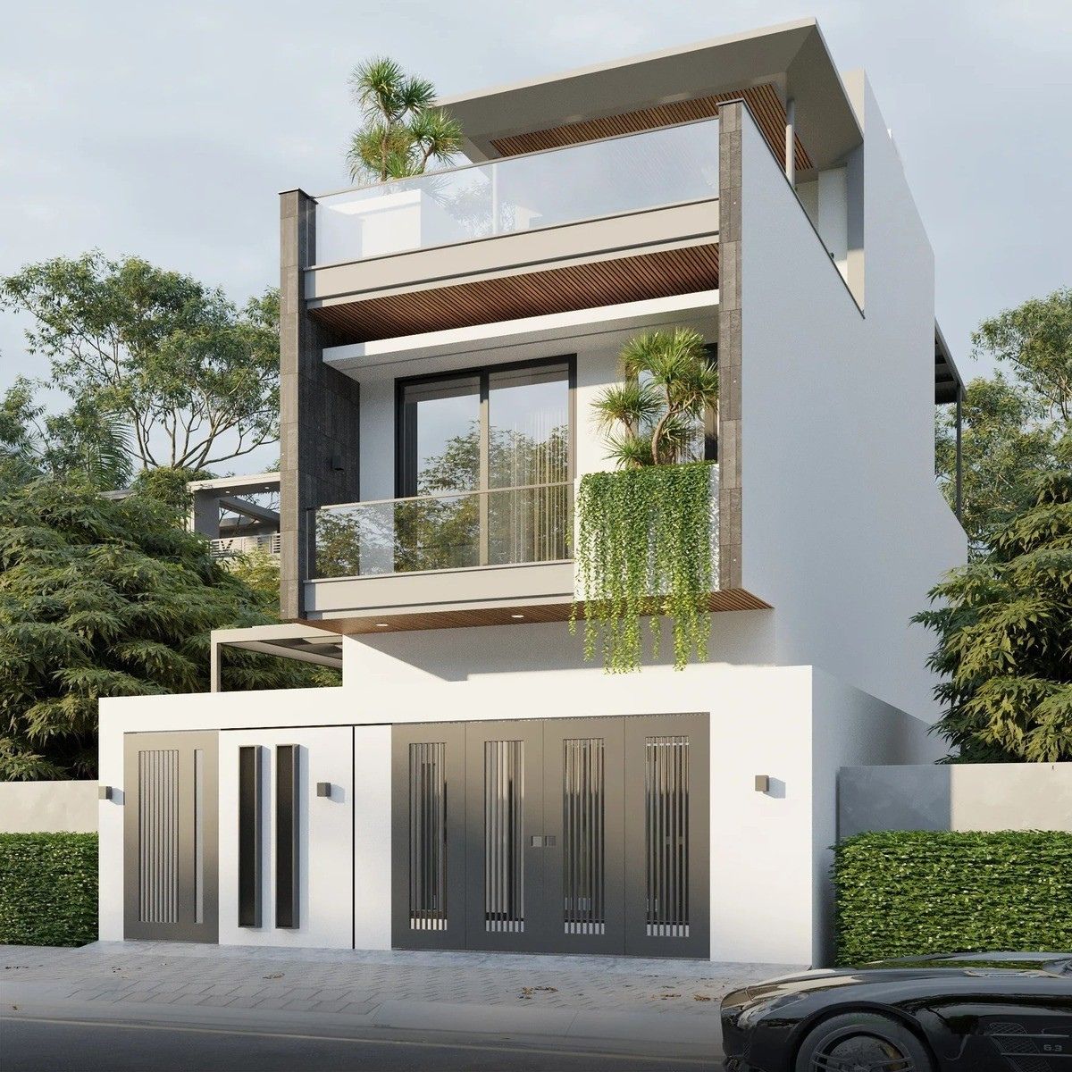 Mẫu nhà 1 trệt 1 lầu 5x16 có tầng tum, đồng thời đan cài nhiều khoảng xanh ở mặt tiền để ngăn nắng nóng (Ảnh: Sưu tầm)