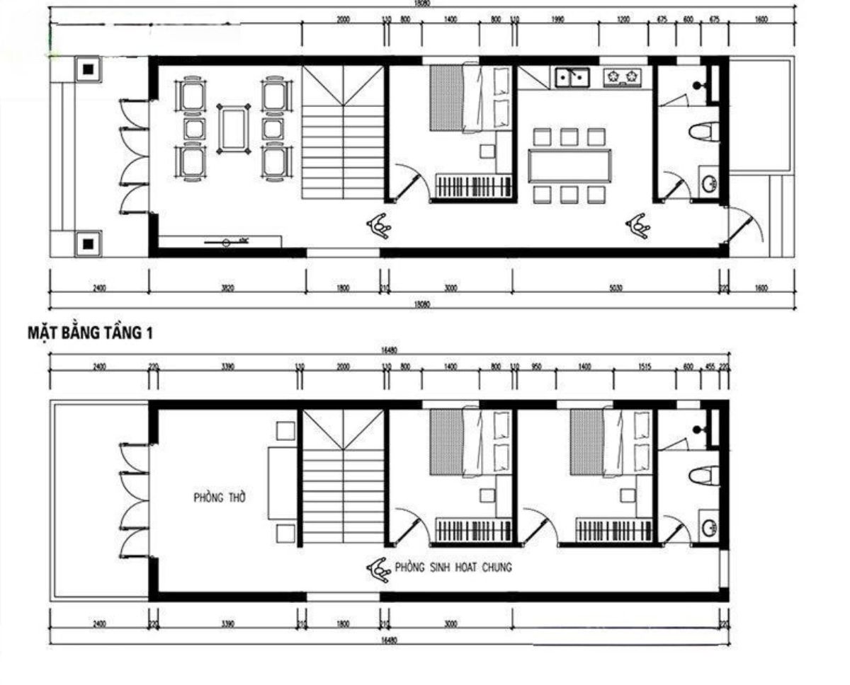 Bản vẽ mặt bằng nhà 1 trệt 1 lầu 5x16m với các khu vực chức năng được bố trí khoa học (Ảnh: Sưu tầm)