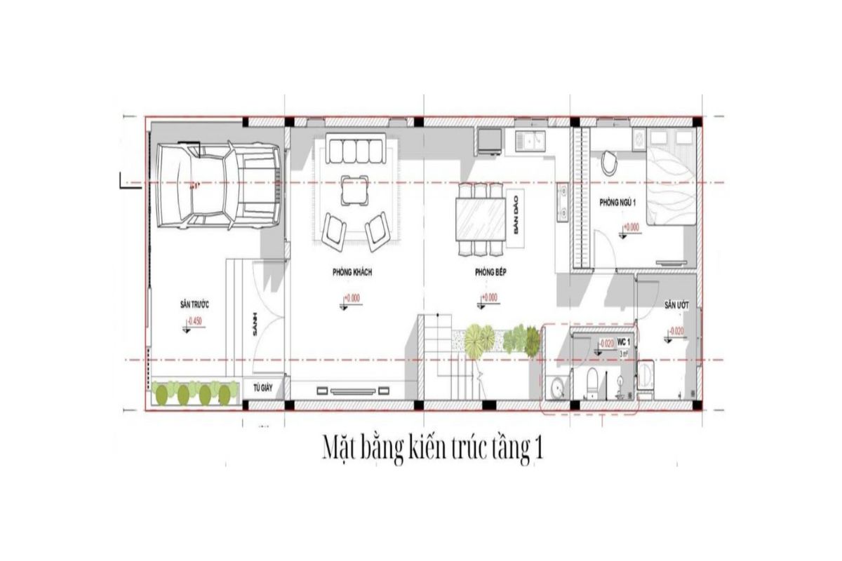 Bản vẽ mặt bằng tầng trệt nhà 1 trệt 1 lầu 5x16m (Ảnh: Sưu tầm)