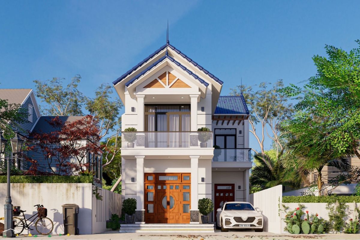 Mẫu nhà 1 trệt 1 lầu mái Thái chữ L giúp mặt tiền chính thông thoáng (Ảnh: Sưu tầm)