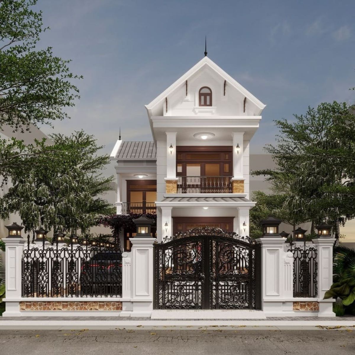 Mẫu thiết kế nhà 1 trệt 1 lầu 5x18 mái Thái sử dụng màu ngói trung tính (Ảnh: Sưu tầm)