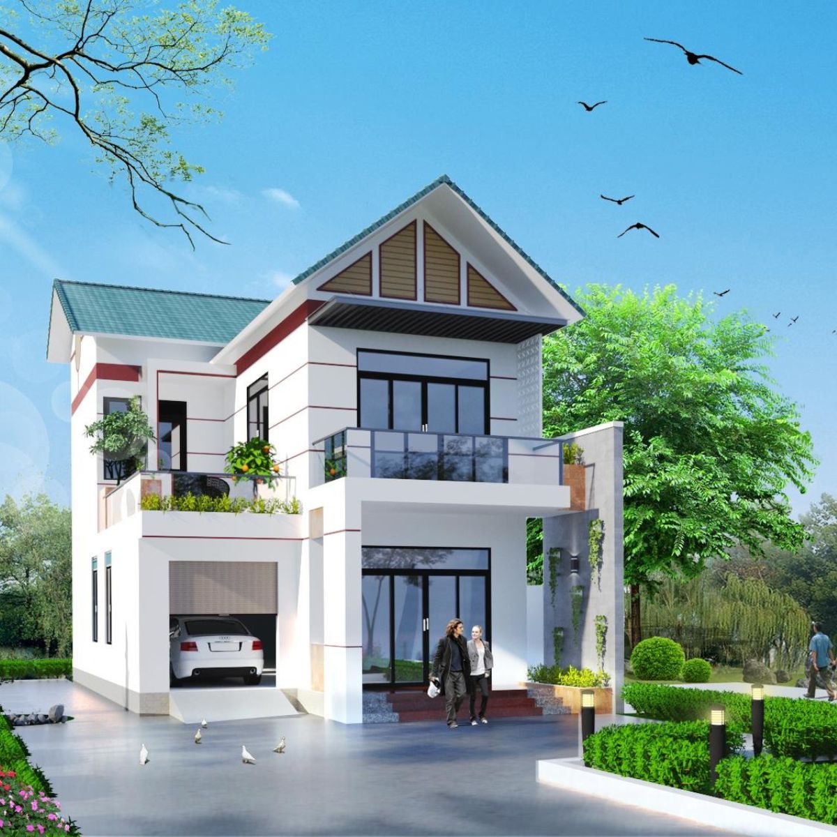 Mẫu nhà 1 trệt 1 lầu mái Thái sở hữu khoảng sân vườn rộng thoáng, mang đến bầu không khí mát mẻ cho không gian sống bên trong (Ảnh: Sưu tầm)