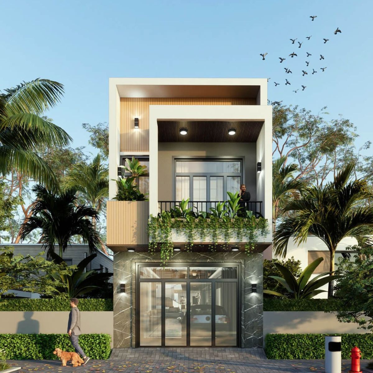Mẫu nhà 1 trệt 1 lầu 4x16m trồng nhiều cây xanh ở mặt tiền để tạo thành “tấm rèm xanh” ngăn nắng nóng (Ảnh: Sưu tầm)