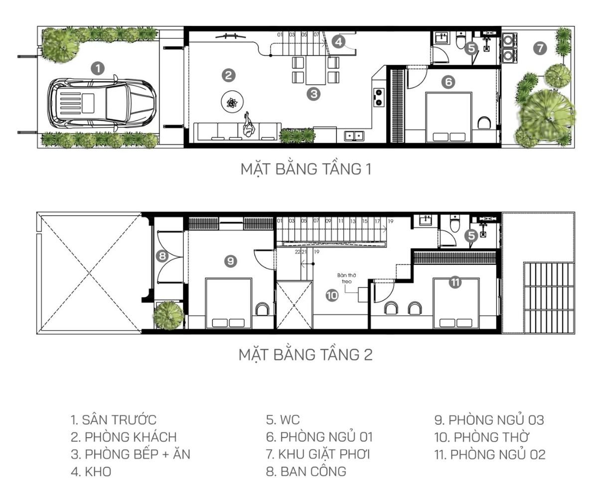 Nhà 1 trệt 1 lầu 5x20 đẹp 2026 - 35+ mẫu kèm mặt bằng & chi phí thực tế 10 Bản vẽ nhà 1 trệt 1 lầu 5x20 có giếng trời giữa nhà (Ảnh: Sưu tầm)
