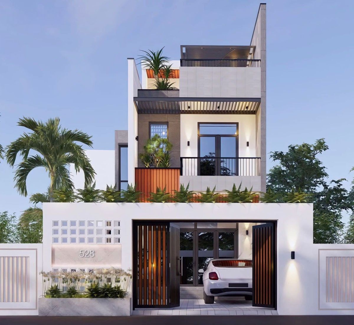 Nhà 1 trệt 1 lầu 5x20 đẹp 2026 - 35+ mẫu kèm mặt bằng & chi phí thực tế 12 Mẫu nhà 1 trệt 1 lầu 5x20 có gara rộng thoáng ở tầng trệt (Ảnh: Sưu tầm)