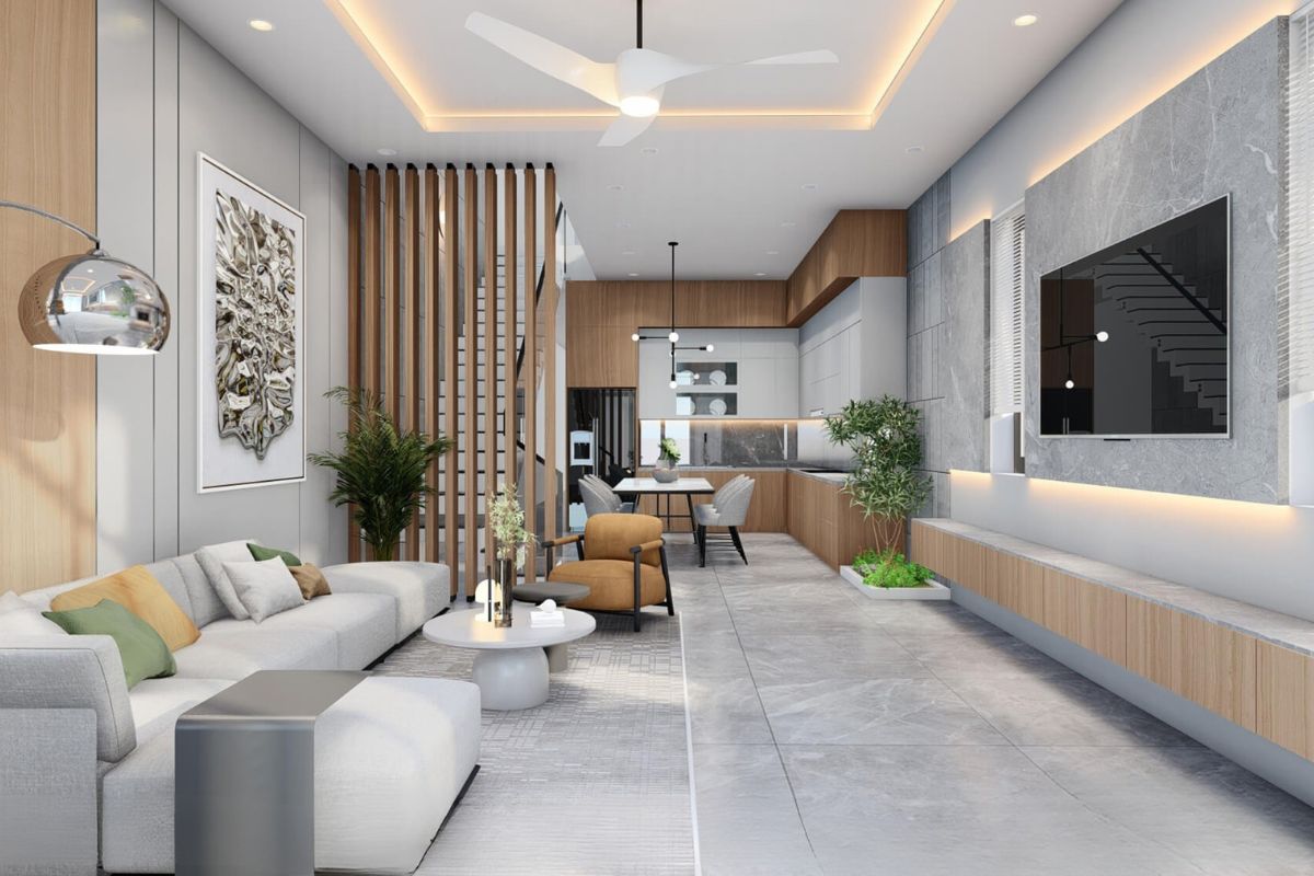 Nhà 1 trệt 1 lầu 5x20 đẹp 2026 - 35+ mẫu kèm mặt bằng & chi phí thực tế 13 Nhà 1 trệt 1 lầu 5x20 4 phòng ngủ bố trí phòng khách - bếp - ăn liên thông mạch lạc (Ảnh: Sưu tầm)