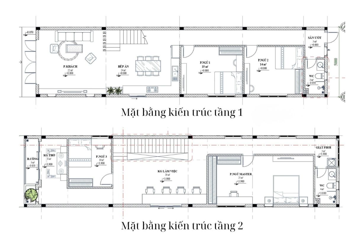 Nhà 1 trệt 1 lầu 5x20 đẹp 2026 - 35+ mẫu kèm mặt bằng & chi phí thực tế 15 Bản vẽ mặt bằng nhà 1 trệt 1 lầu 5x20 4 phòng ngủ (Ảnh: Sưu tầm)