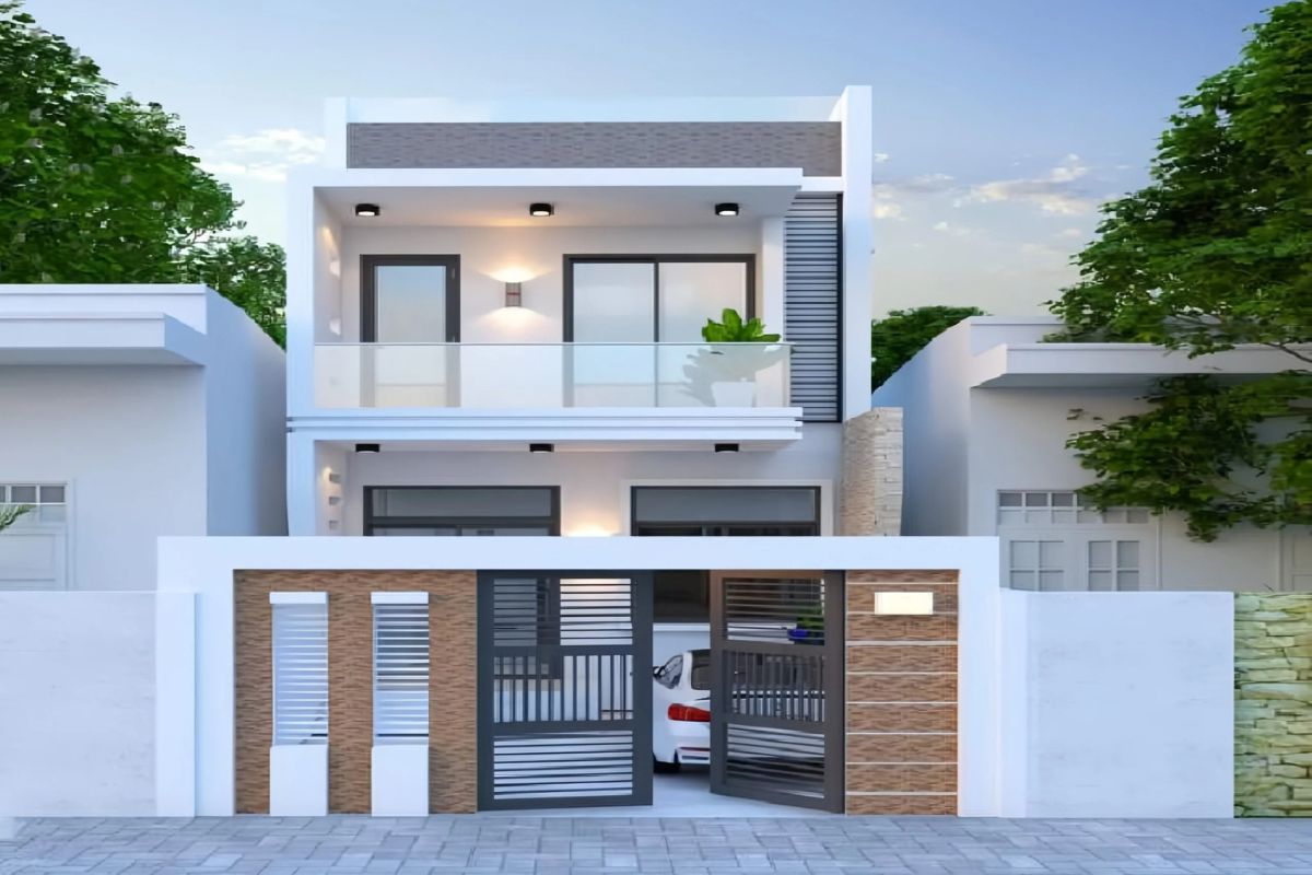 Nhà 1 trệt 1 lầu 5x20 đẹp 2026 - 35+ mẫu kèm mặt bằng & chi phí thực tế 8 Chất liệu kính được khai thác hiệu quả trong nhà 1 trệt 1 lầu 5x20, nhưng cần lưu ý đến các phương án ngăn nắng nóng và đảm bảo sự riêng tư (Ảnh: Sưu tầm)