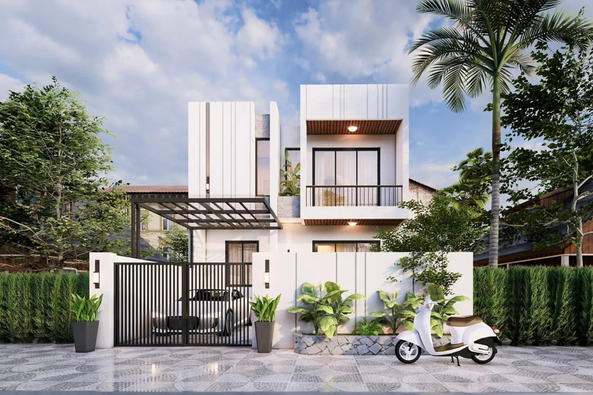 Mẫu thiết kế nhà 1 trệt 1 lầu 7x15 tận dụng mọi khoảng trống để trồng thêm cây xanh, tạo khoảng đệm ngăn nắng nóng khắc nghiệt (Ảnh: Sưu tầm)