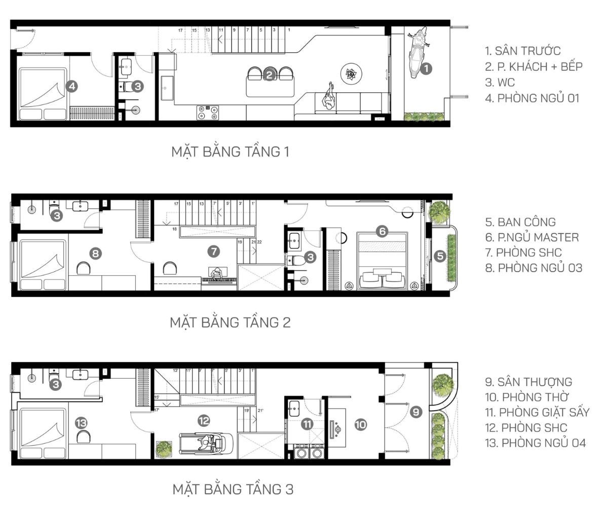 Bản vẽ thiết kế nhà 3 tầng 4x16m bố trí giếng trời giữa nhà (Ảnh: Sưu tầm)