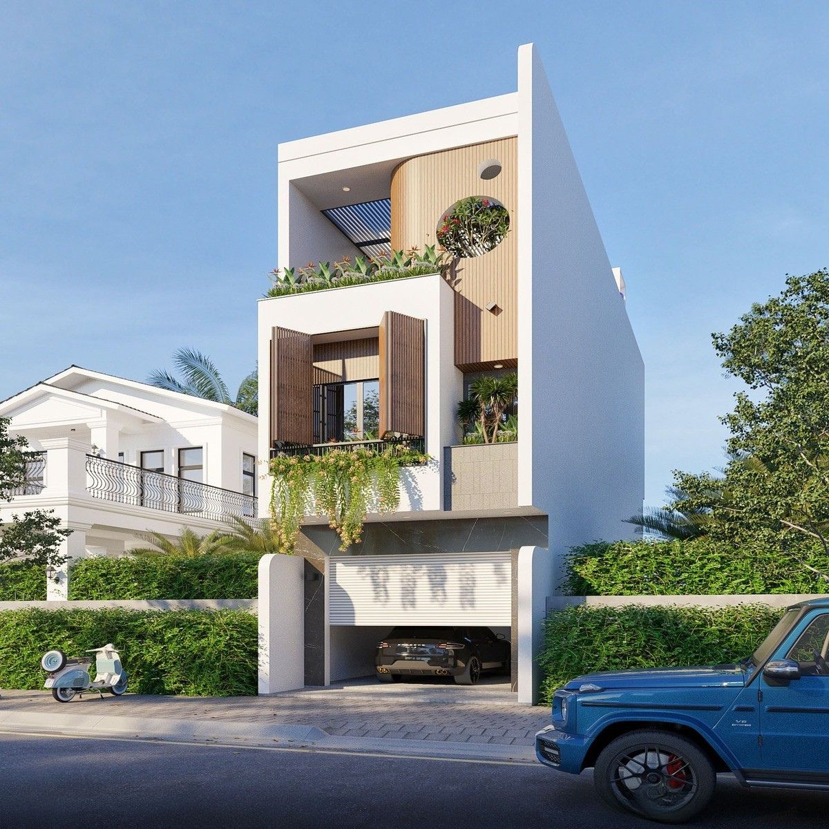 Thiết kế nhà 1 trệt 2 lầu 4x16m có gara ô tô đáp ứng đầy đủ tiện nghi cho gia đình ở đô thị (Ảnh: Sưu tầm)