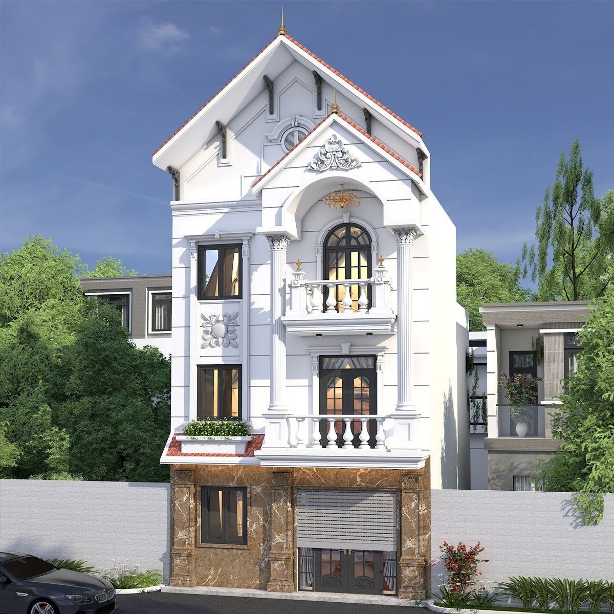 Mẫu nhà 1 trệt 2 lầu 4x16 tân cổ điển lựa chọn móng cọc hoặc kết cấu móng băng nhà 1 trệt 2 lầu phù hợp với điều kiện lô đất (Ảnh: Sưu tầm)