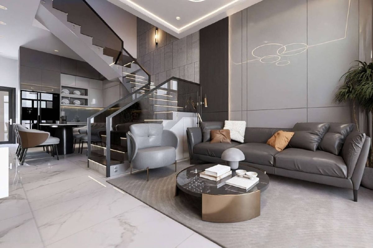 Thiết kế phòng khách - bếp - ăn liên thông trong nhà phố 1 trệt 2 lầu 4x16m 4 phòng ngủ (Ảnh: Sưu tầm)