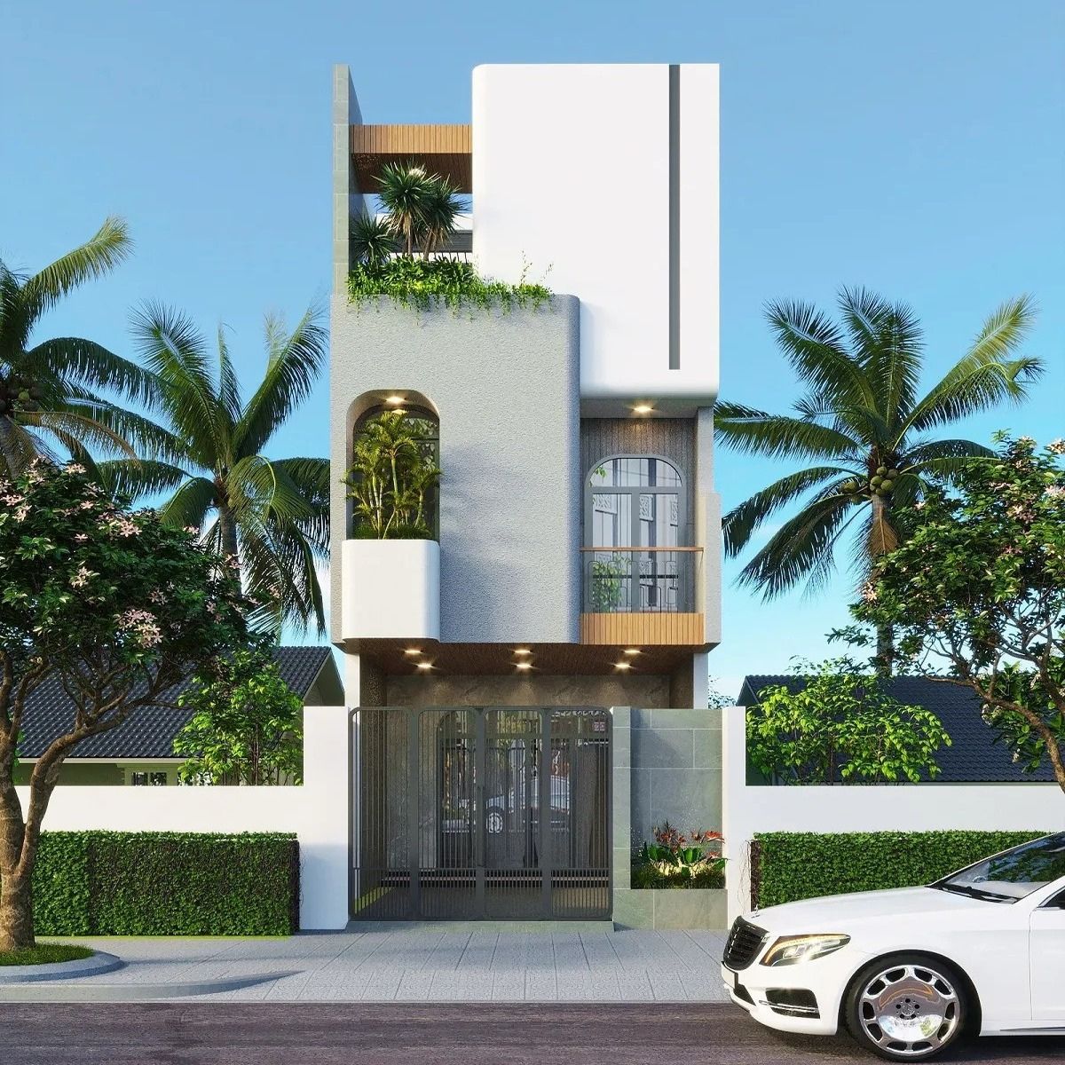 Nhà 1 trệt 2 lầu 4x16m có sân thượng và giếng trời giúp điều hòa vi khí hậu, mang luồng không khí mát mẻ đến mọi ngóc ngách bên trong (Ảnh: Sưu tầm)