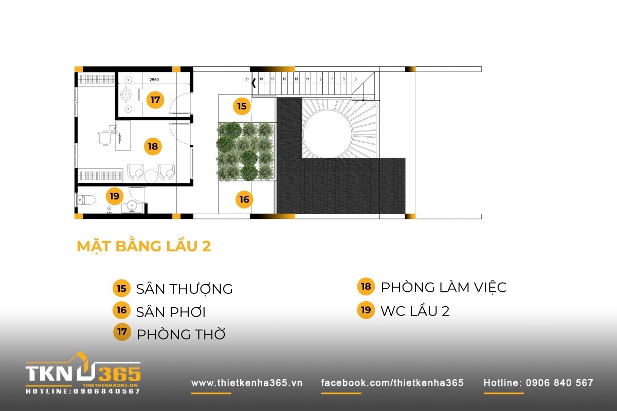 Mặt bằng lầu 2 gồm phòng thờ, phòng làm việc, sân phơi và sân thượng xanh - lớp không gian trên cùng giúp giảm nhiệt và hoàn thiện hệ sinh thái thu nhỏ của nhà phố 3 tầng