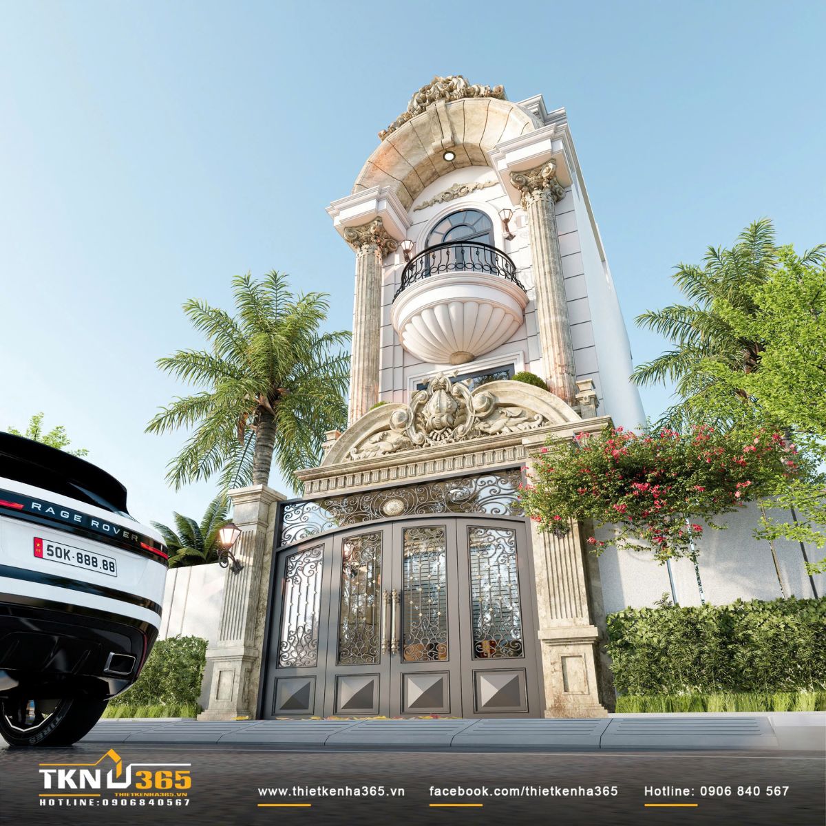 Bảng màu trung tính kết hợp vật liệu chọn lọc giúp tổng thể mặt tiền trang nhã, bền vững theo thời gian