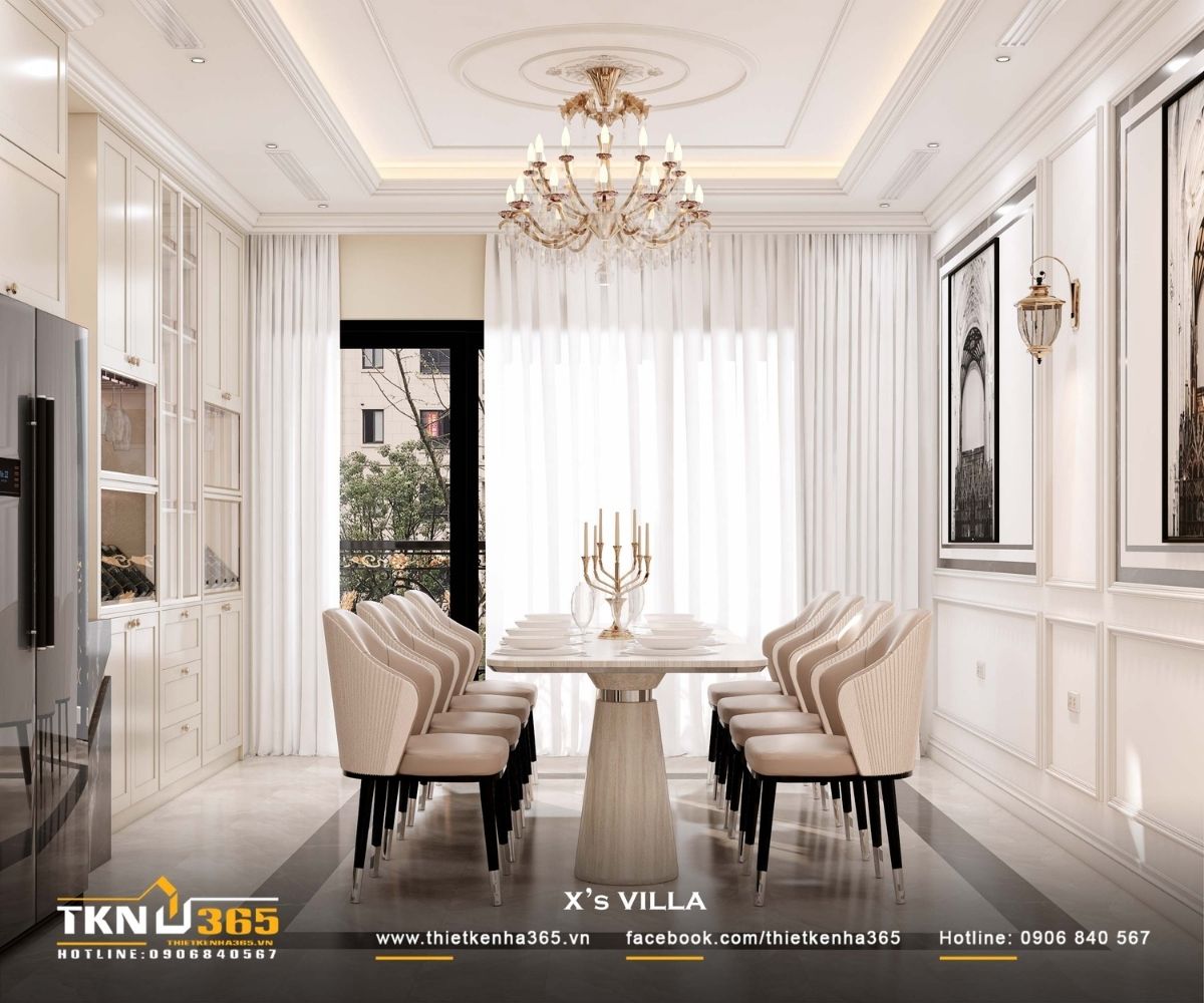 Bố cục bàn ăn cân xứng kết hợp đèn chùm treo đúng tâm, tạo cảm giác trang nhã và ổn định thị giác