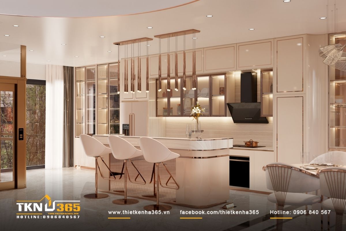 Đèn LED âm trần, đèn thả và hệ đèn hắt tủ tạo thành nhiều lớp ánh sáng cho thiết kế nội thất biệt thự 3 tầng