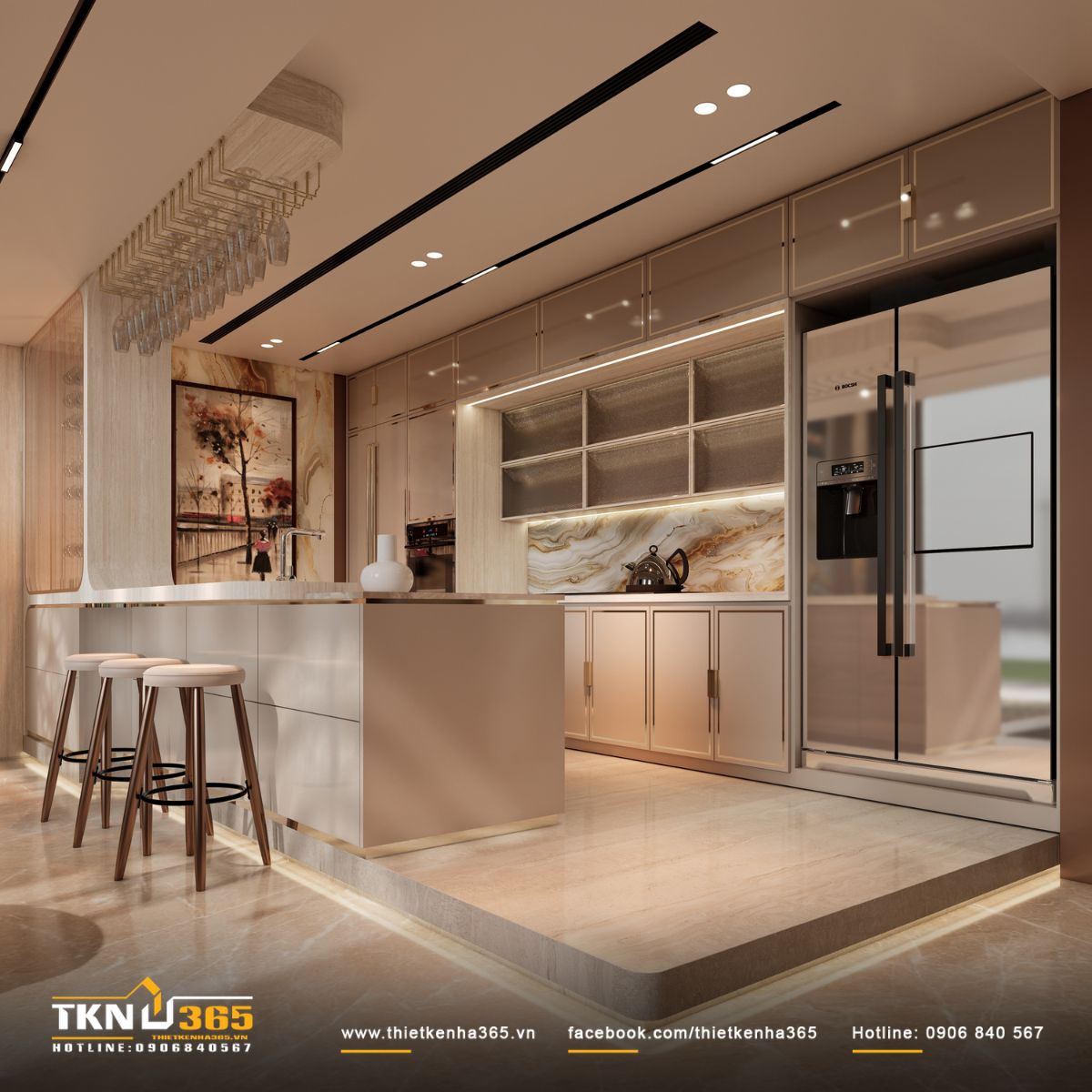 Hệ tủ bếp cánh phẳng viền kim loại thiết kế gọn gàng, hạn chế chi tiết để không gian luôn ngăn nắp