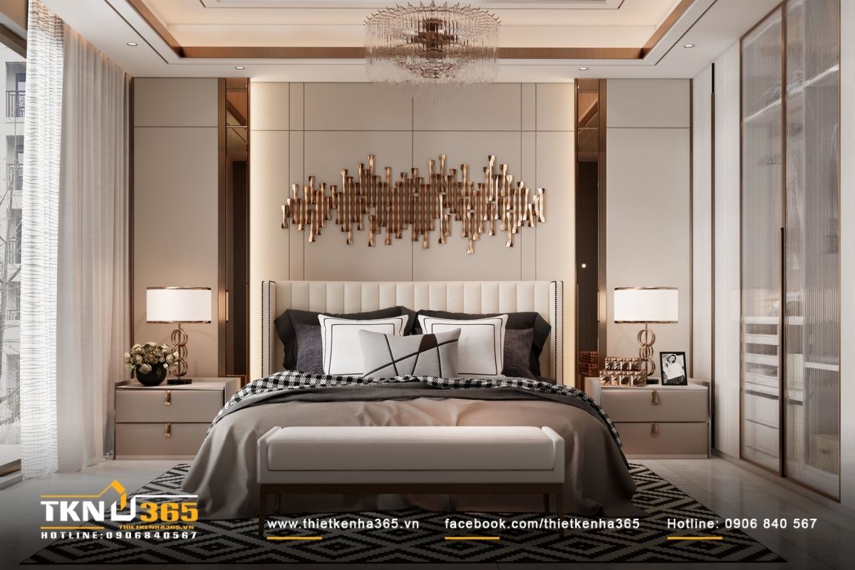 Bố cục phòng ngủ cân xứng, giường bọc nệm đầu giường cao