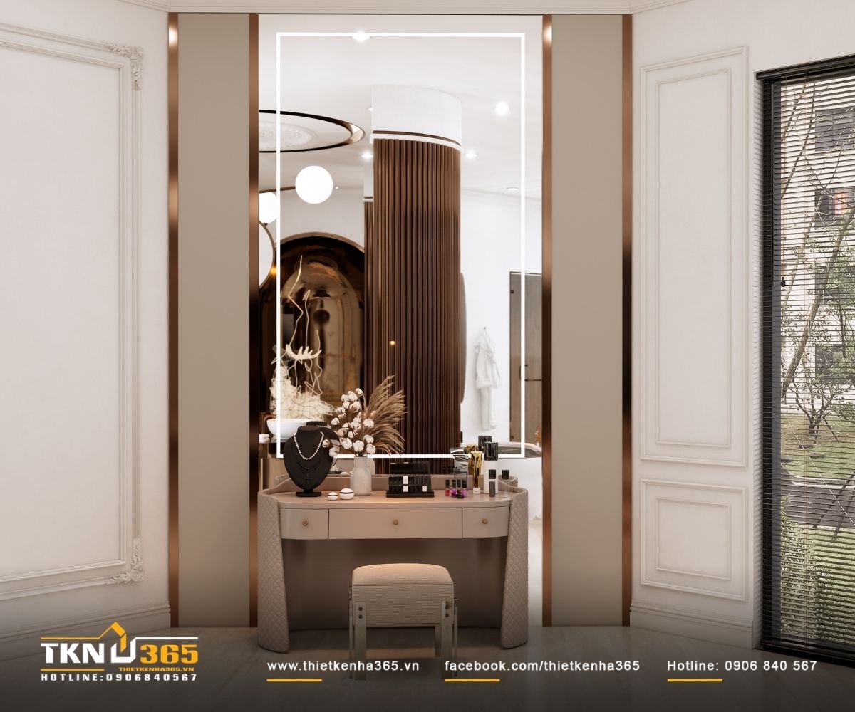 Bàn trang điểm bố trí độc lập, gọn gàng và kín đáo, đóng vai trò chuyển tiếp giữa phòng ngủ và khu tắm